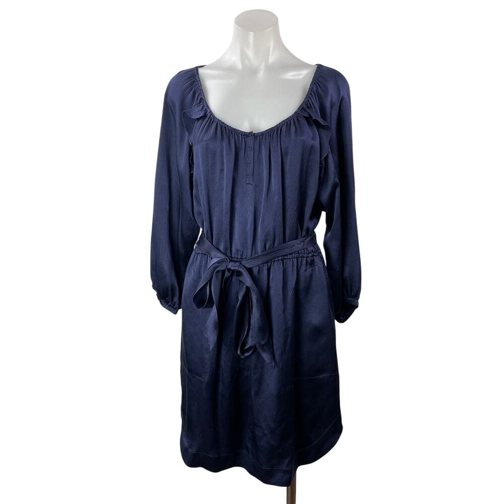 Rebecca Taylor Navy Blue 100% Silk Satin Long Sleeve Tie Blouson Mini Dress 2